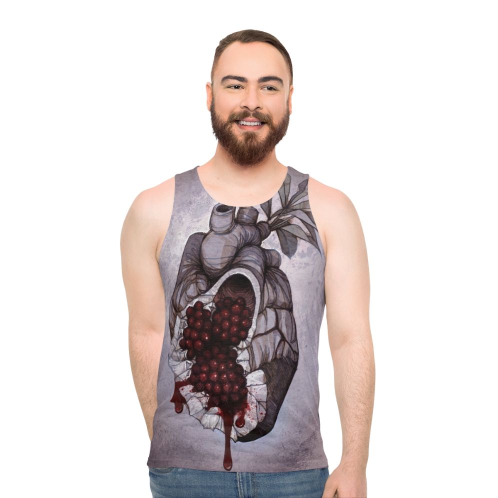 Unisex tank top featuring an anatomical heart design with pomegranate elements based on the Greek mythology of Hades and Persephone - men