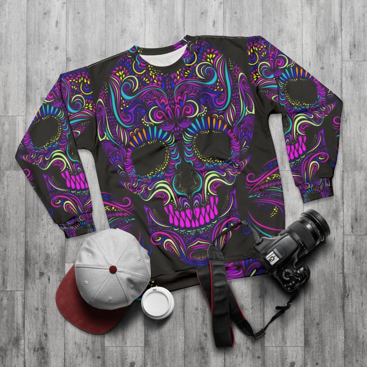 Trippy psychedelic sweatshirt with Aphex Twin and Crystal Castles inspired graphics - flat lay