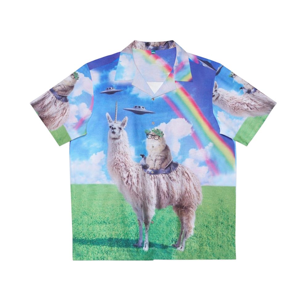 A vibrant Hawaiian shirt featuring a cat riding a llama unicorn in a space-themed cosmic design.