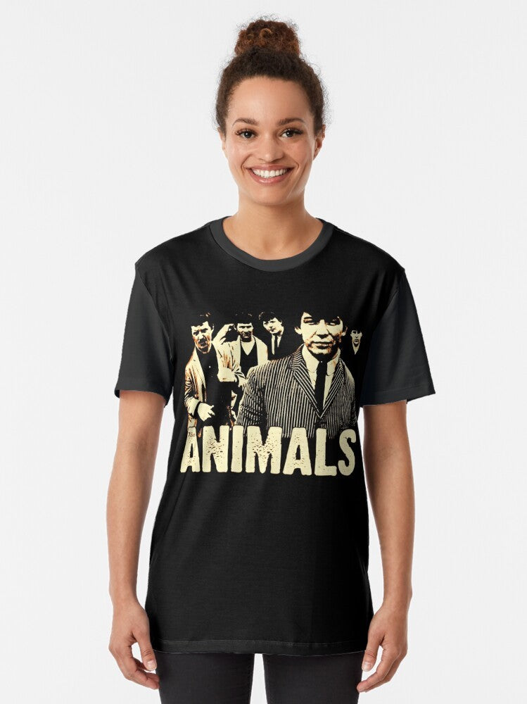 Vintage-style graphic t-shirt featuring classic rock bands like The Animals, Credence Clearwater Revival, and Led Zeppelin. - Women