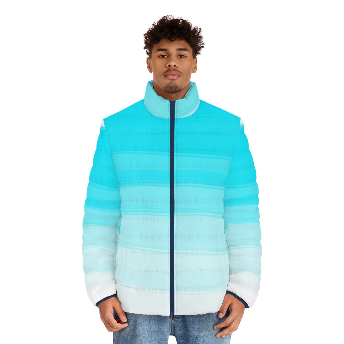 Blue puffer jacket with artistic paint strokes design - men front