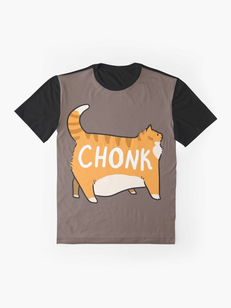 Chonky orange tabby cat graphic printed on a t-shirt - Flat lay