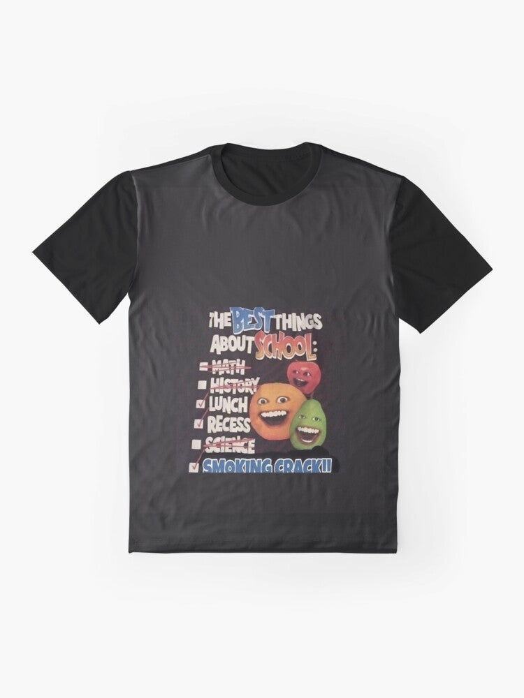 Annoying Orange graphic t-shirt featuring a smiling orange face and the text "Best Things About School" - Flat lay