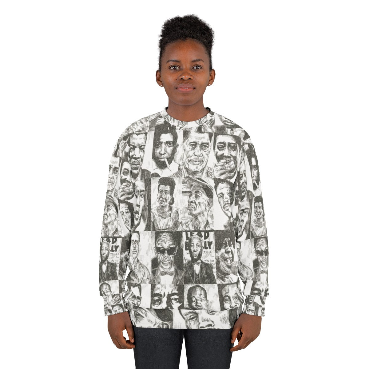 Blues music sweatshirt featuring hand-drawn portraits of legendary blues musicians - women