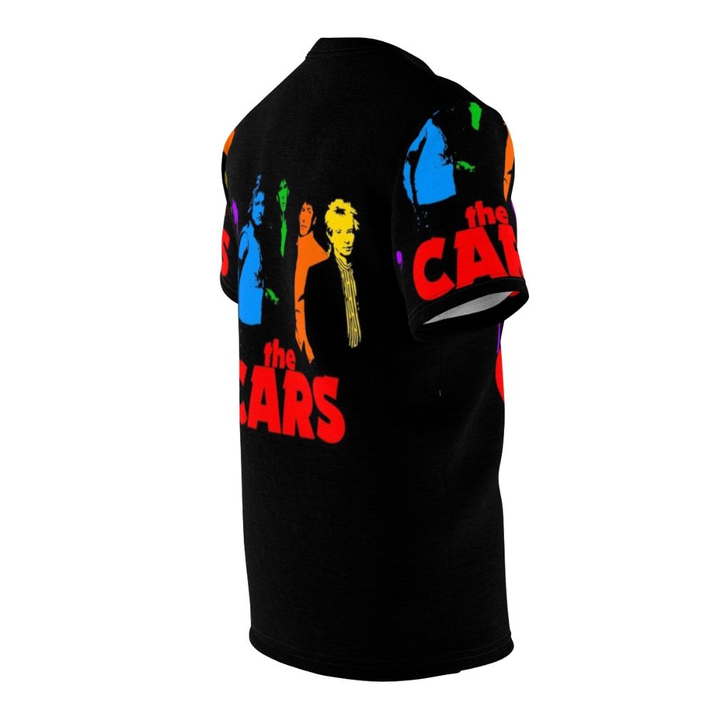 Vintage style t-shirt featuring a graphic design of The Cars, a popular new wave music band from the 1980s. - men right