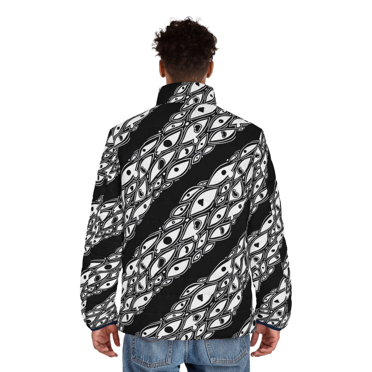 Puffer jacket with an unsettling eyes pattern design - perfect for Halloween and horror enthusiasts. - men back