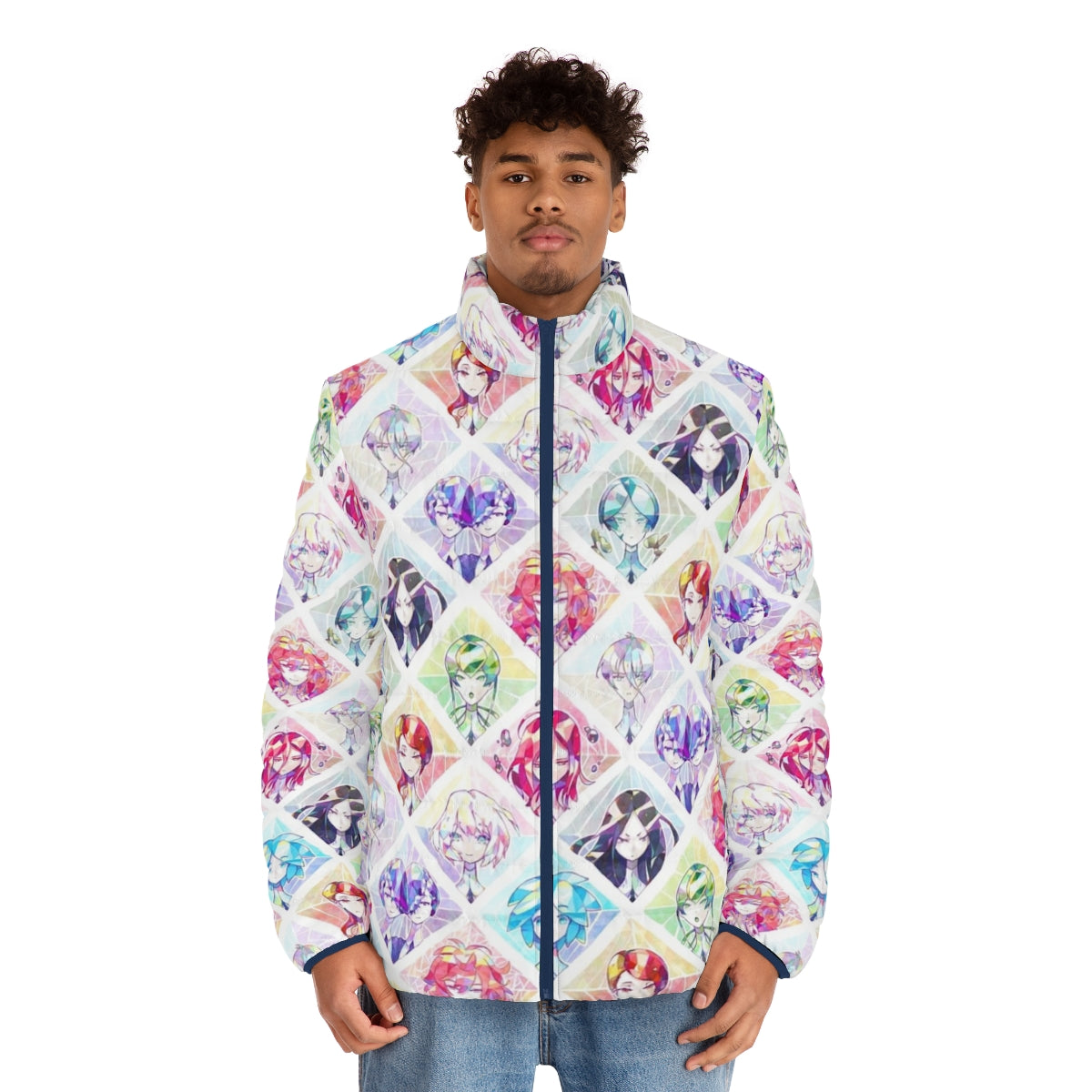 Houseki No Kuni inspired puffer jacket featuring luminous gem designs - men front