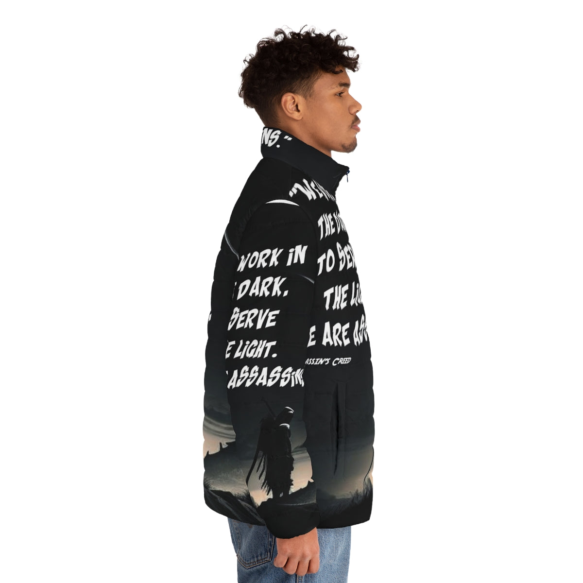 Inspirational Assassin's Creed puffer jacket with motivational quotes - men side right