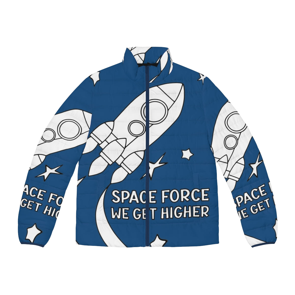 Stranger Things Space Force We Get Higher Puffer Jacket, sci-fi adventure outer space apparel