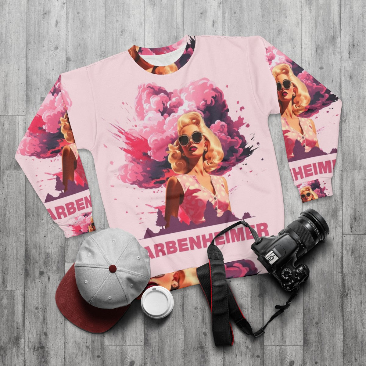 Barbenheimer 2023 Movie Sweatshirt with Barbie and Oppenheimer characters - flat lay