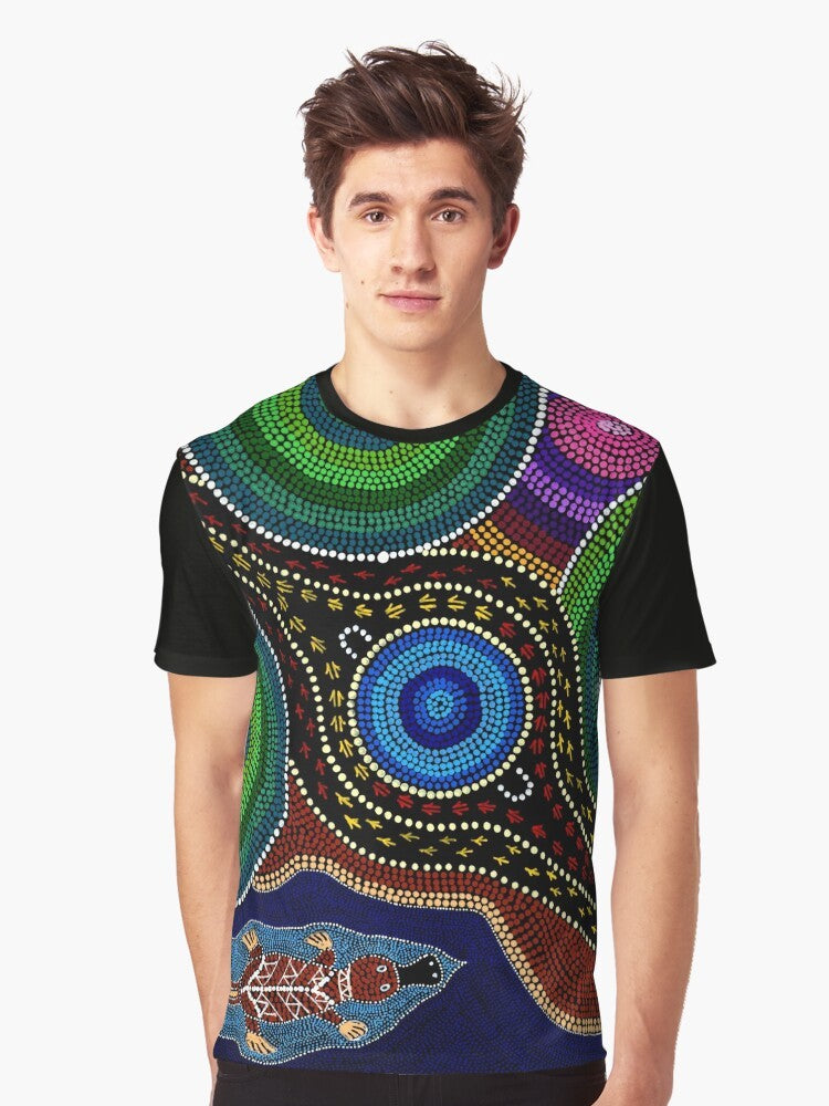 Platypus Playground Graphic T-Shirt featuring Australian Aboriginal Art with Platypus, Kangaroos, and Emus - Men