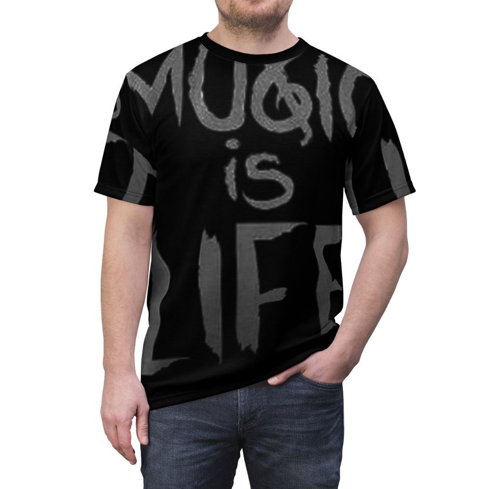 Stylish music-inspired t-shirt featuring the words "Music and Life" - men front