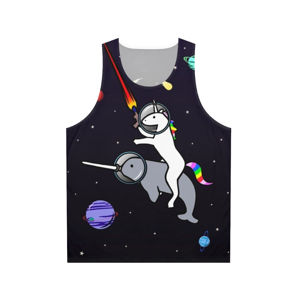 Unicorn riding a narwhal in space