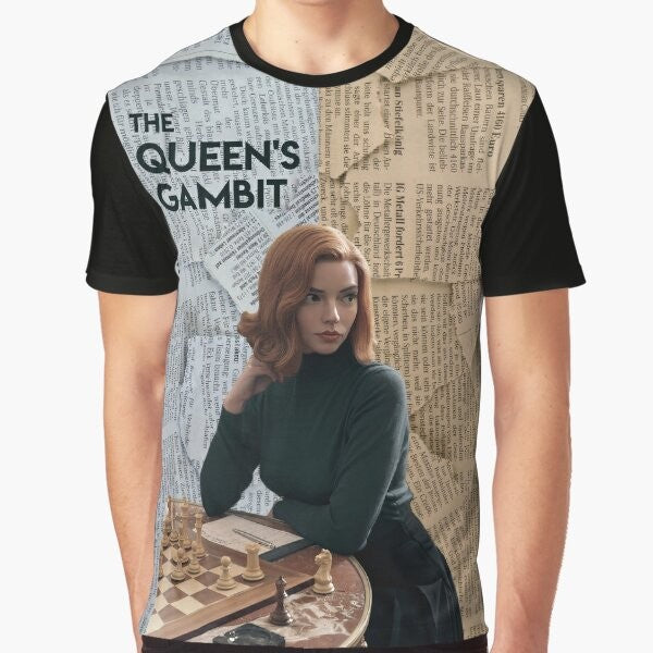 The Queen's Gambit Chess Graphic T-Shirt featuring Beth Harmon and a chessboard design