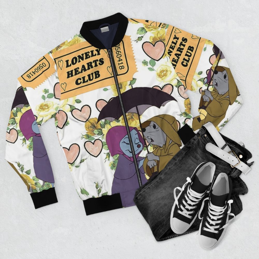 Vintage-style bomber jacket inspired by the classic Disney animated film "The Rescuers", featuring the main characters Miss Bianca, Bernard, and mice. - Flat lay