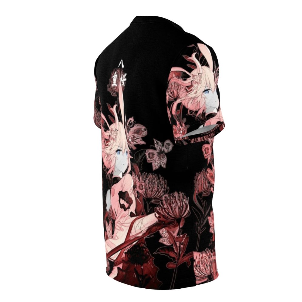 Illustration of a samurai warrior and red flowers on a t-shirt - men right