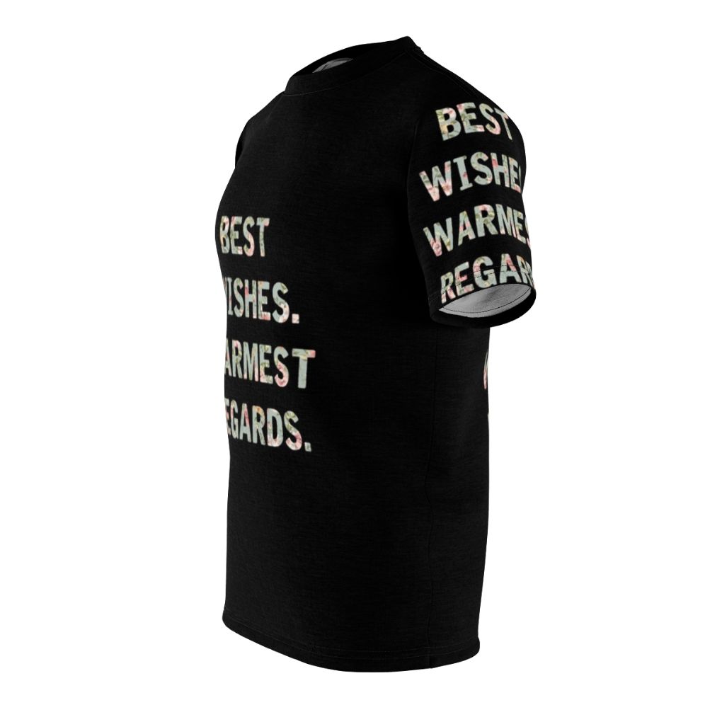 Schitt's Creek inspired AOP t-shirt featuring the iconic "Best Wishes Warmest Regards" phrase - men left