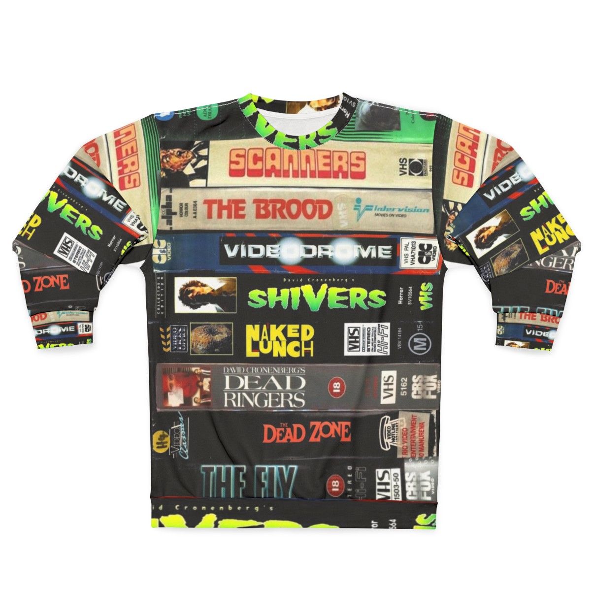 Cronenberg VHS Collection Sweatshirt featuring iconic horror and sci-fi movie designs