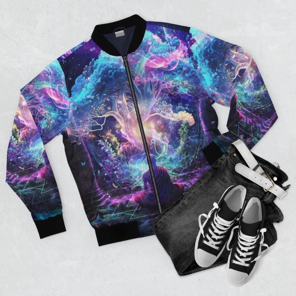 Midnight Garden Bomber Jacket featuring visionary, cosmic, and spiritual artwork - Flat lay