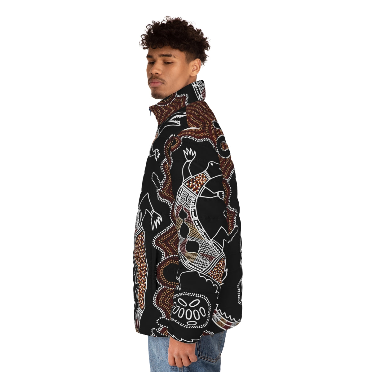 Authentic Aboriginal Art Crocodile Puffer Jacket with Traditional Artwork - men side left