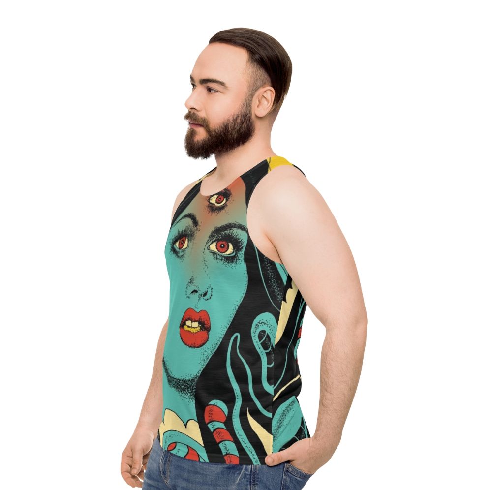 Unisex tank top with psychedelic, spiritual, and mystical design - men side