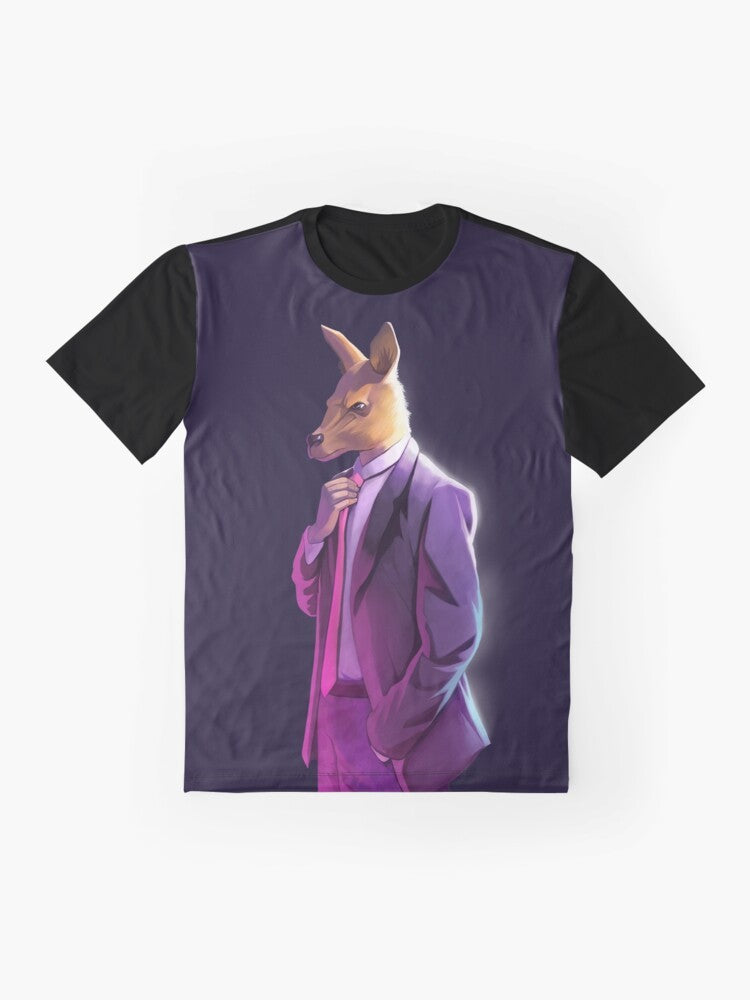 Graphic t-shirt featuring the Atheism Is Unstoppable logo and a kangaroo in a suit - Flat lay