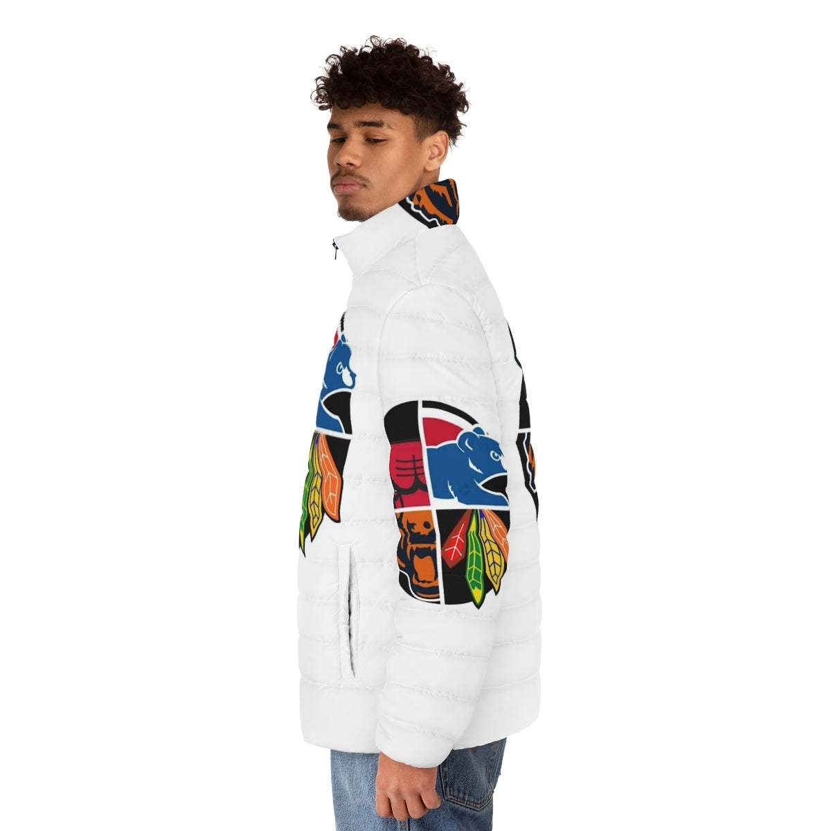 Chicago Northside Sports Quad Puffer Jacket featuring iconic Chicago sports teams and players - men side left