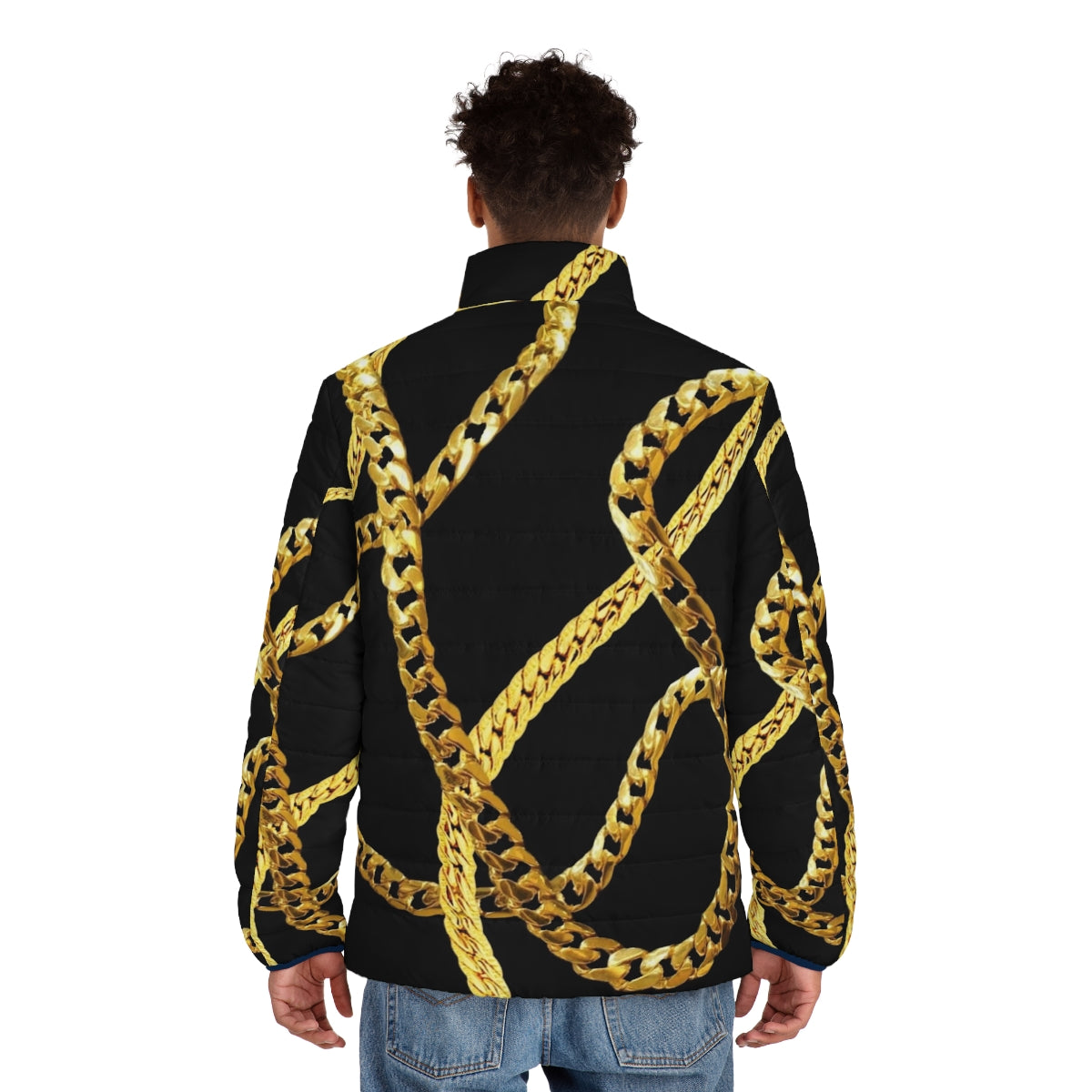 Stylish gold puffer jacket with gold chain detailing - men back