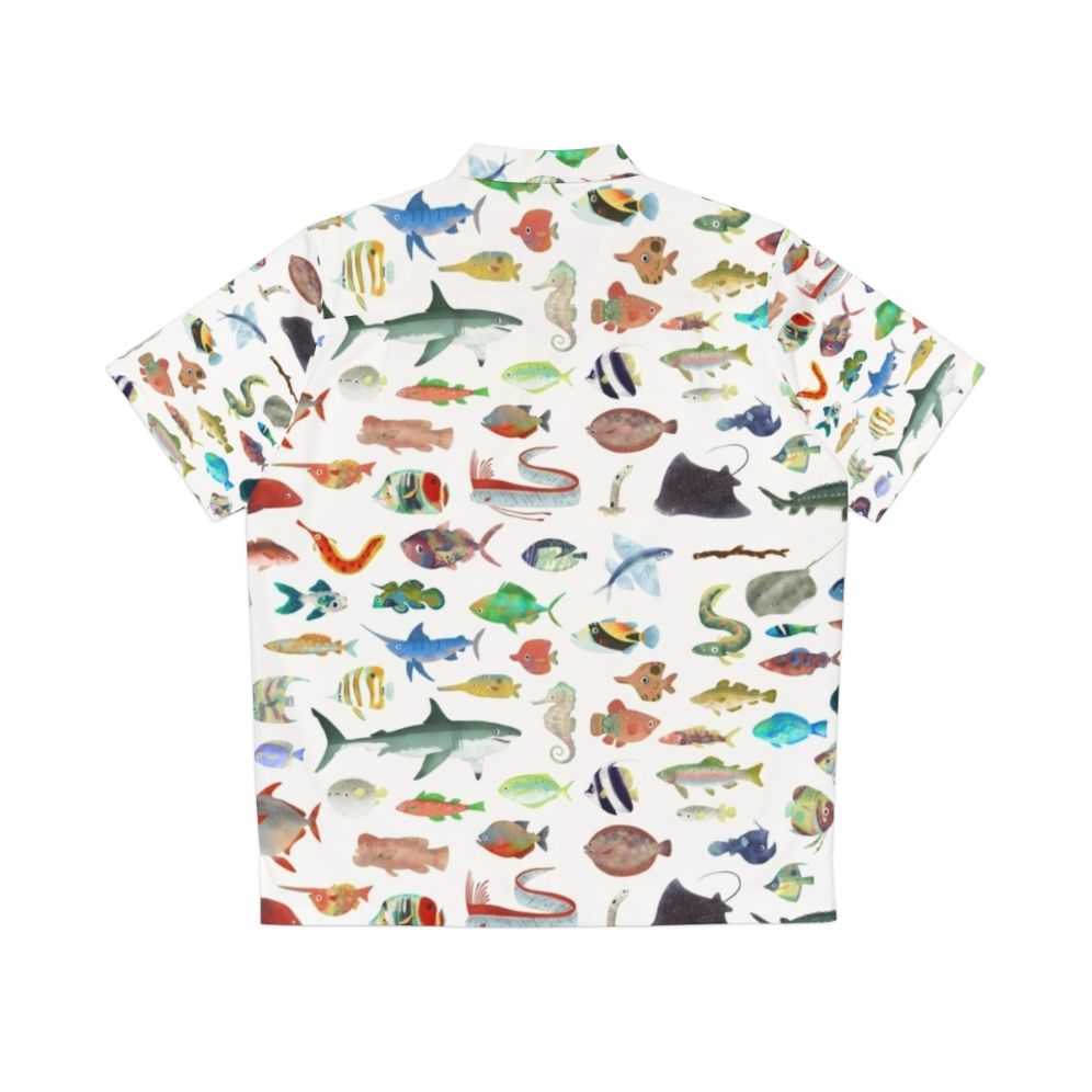 Colorful Hawaiian shirt featuring an ocean life design with tropical fish, sharks, and other marine animals - Back