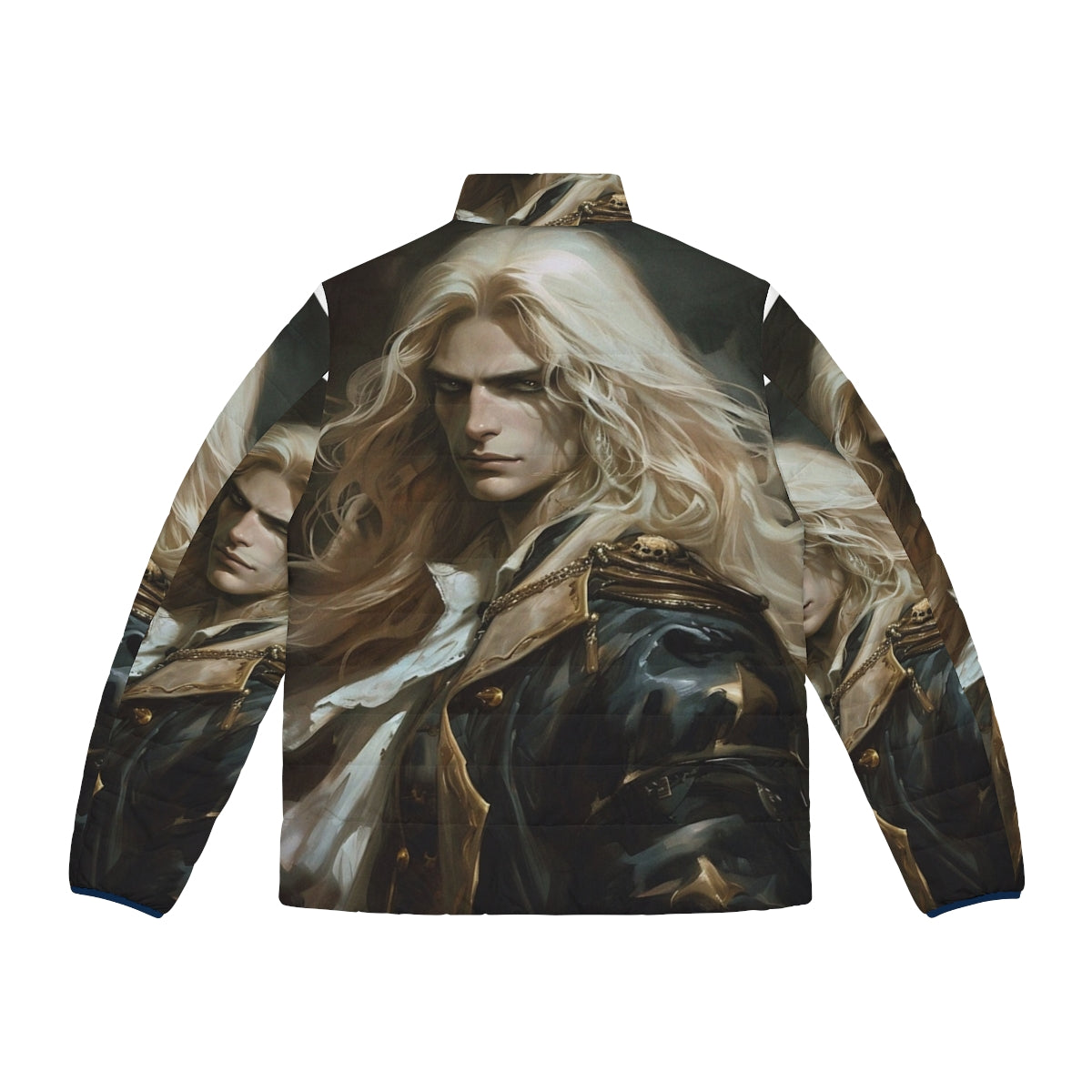 Alucard Castlevania Themed Puffer Jacket with Iconic Vampire and Gaming Imagery - Back