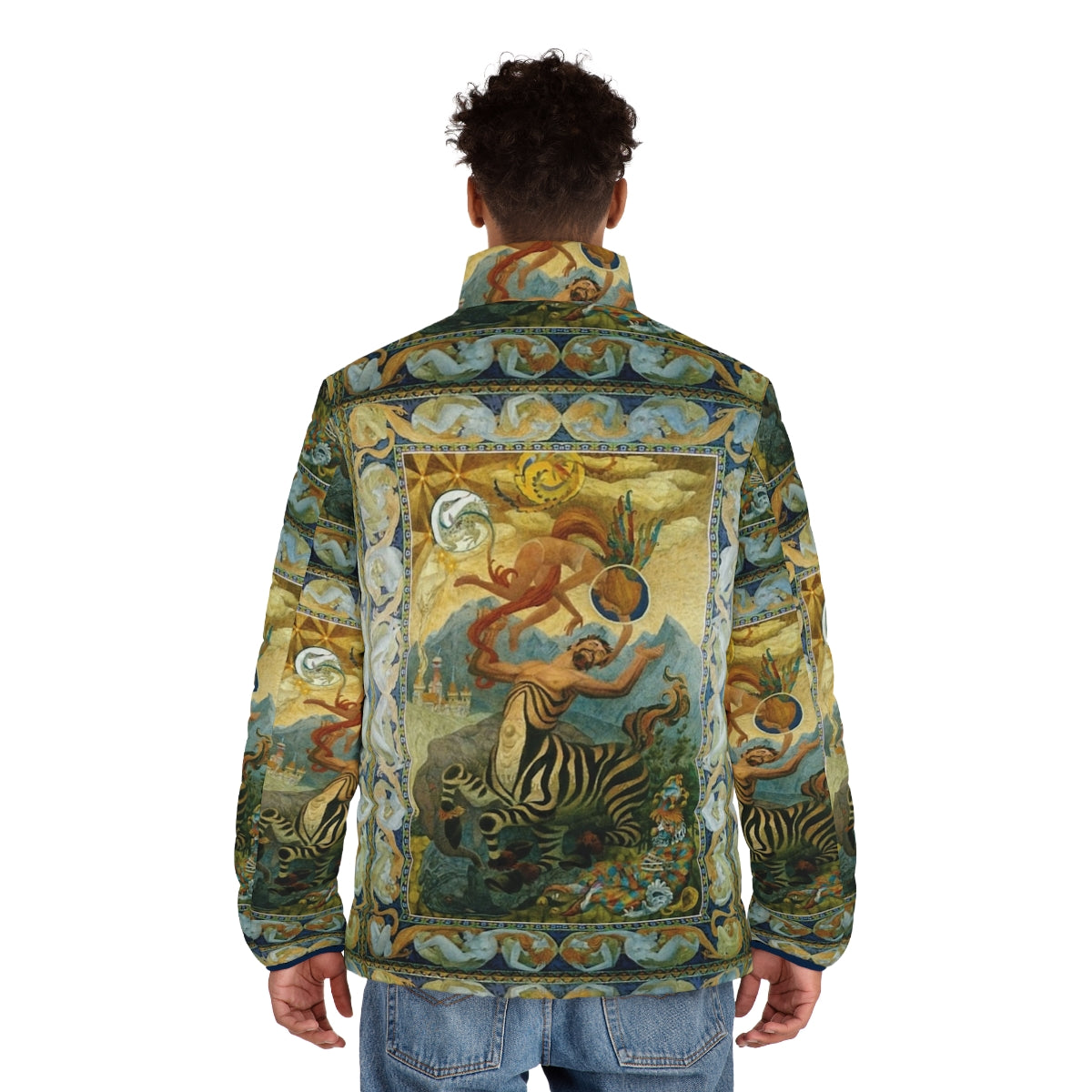 Oliver Grimley's fantasy art puffer jacket featuring vibrant and epic imagery - men back