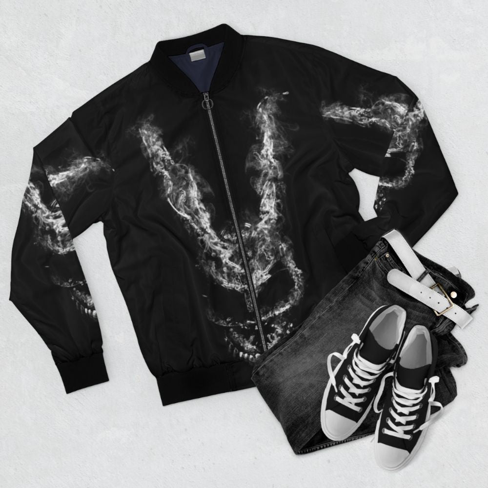 Wake Up Bomber Jacket with Donnie Darko inspired design - Flat lay