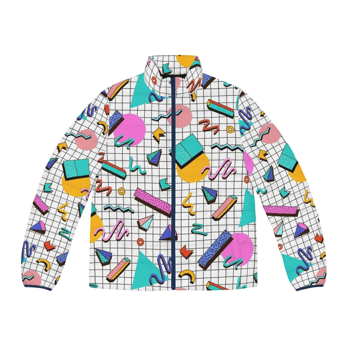 Funky 80s puffer jacket with colorful retro memphis pattern design