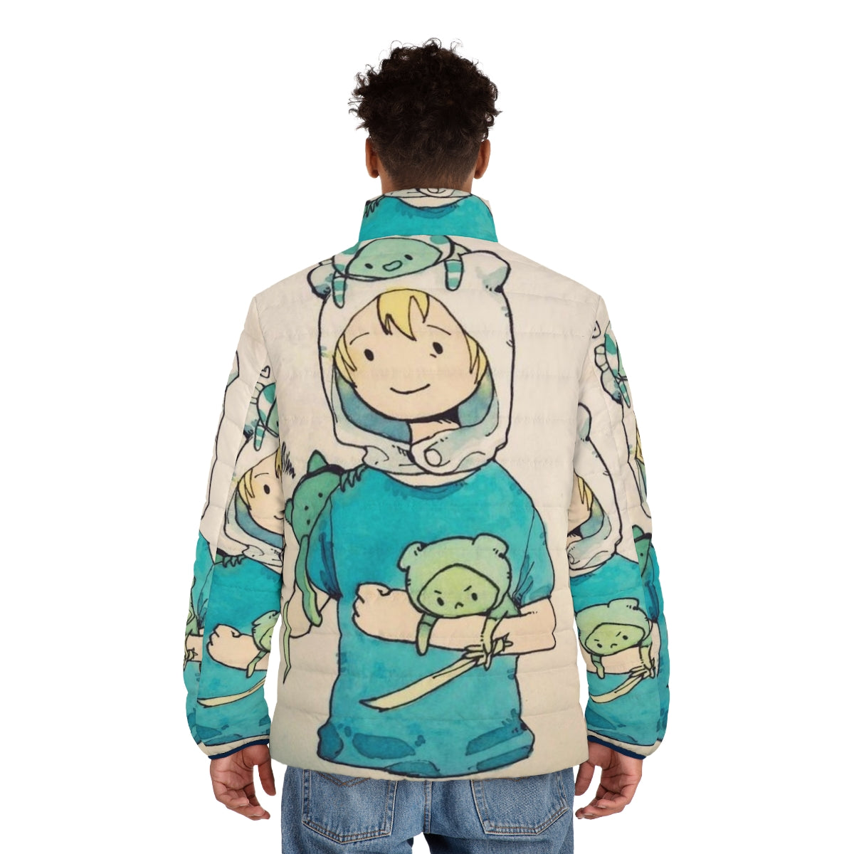 Fallout vaporwave puffer jacket featuring a cute and humorous vault boy design - men back