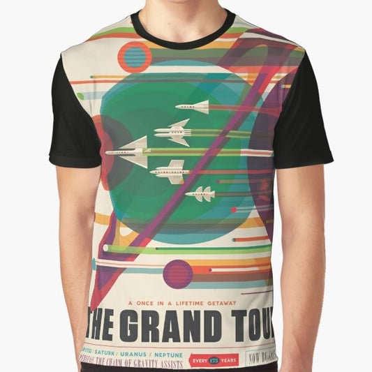 Retro Space Poster Graphic T-Shirt featuring a vintage space travel design