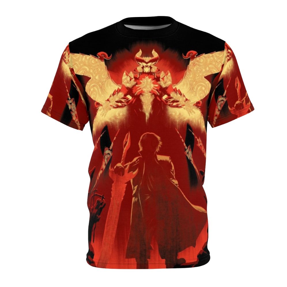 A stylish red t-shirt featuring a devil hunter character with a fire sword