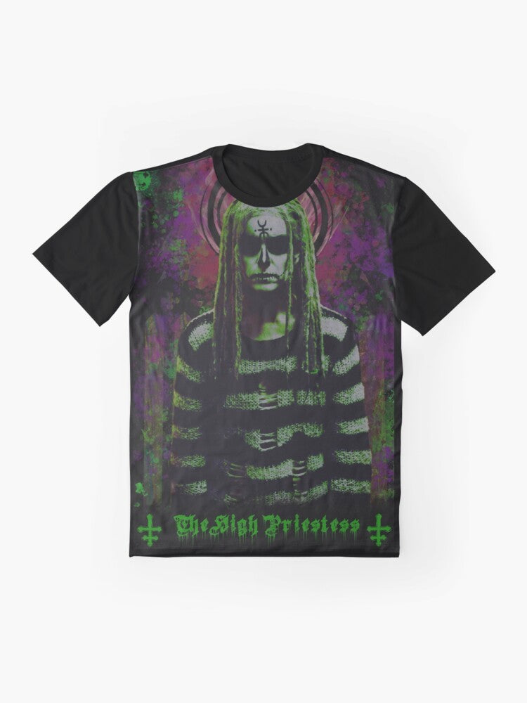 The High Priestess occult graphic t-shirt featuring the lords of salem, sheri moon zombie, and rob zombie - Flat lay