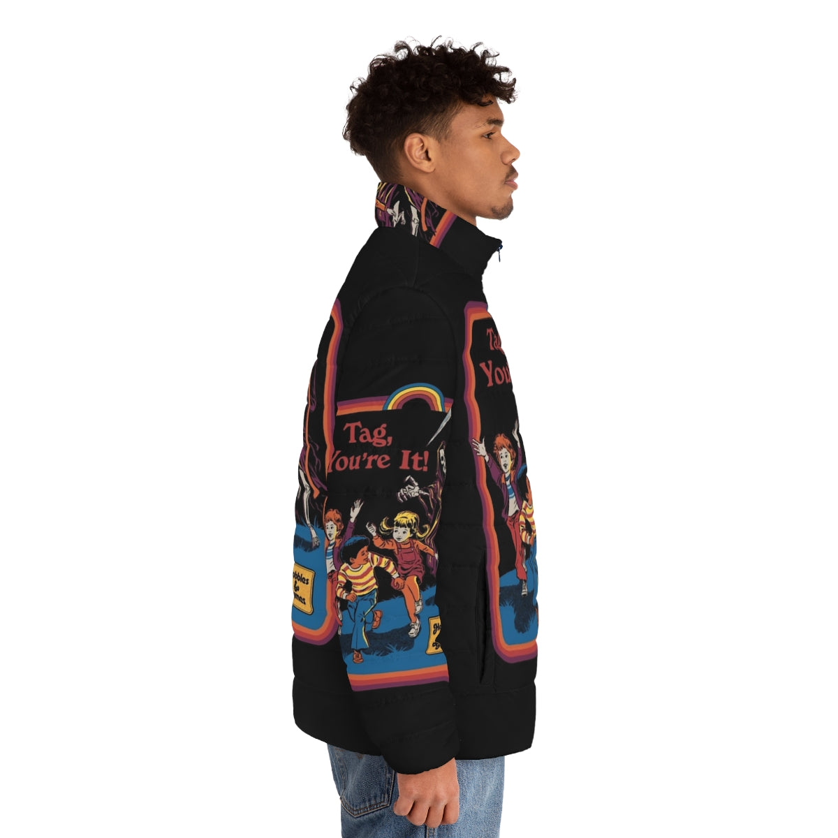 Retro puffer jacket with spooky grim reaper design - men side right