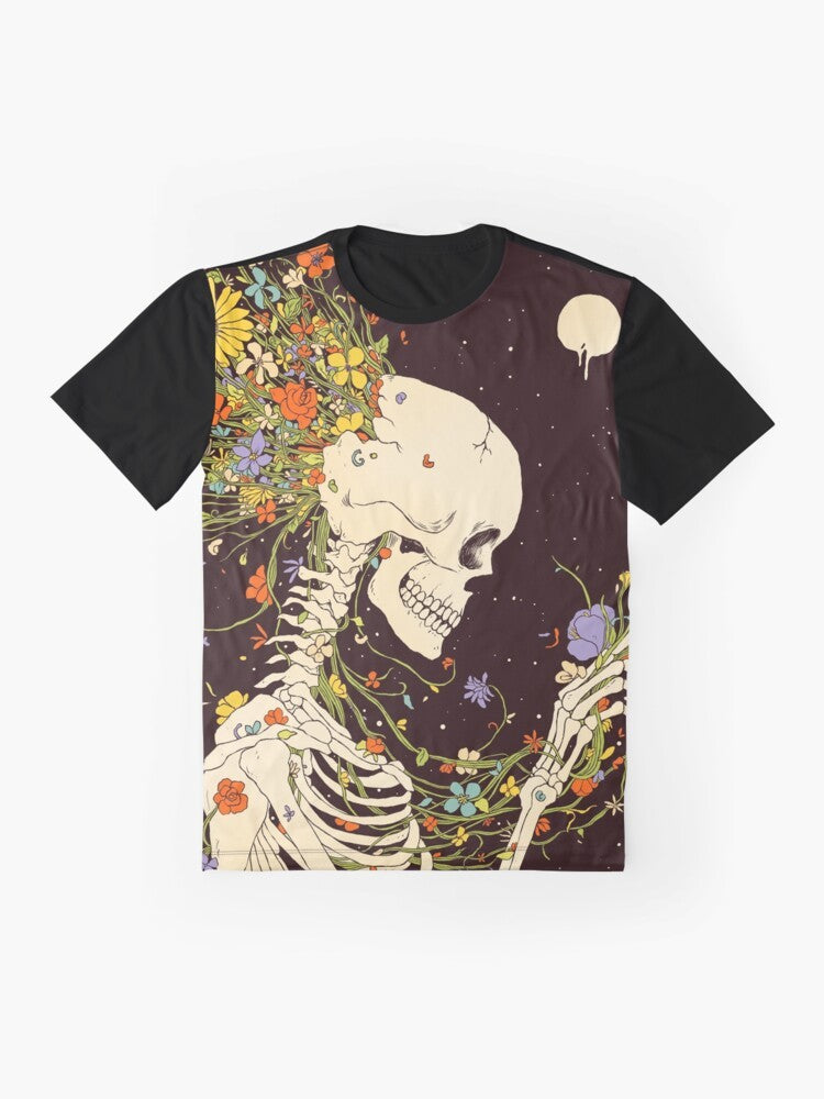 Surreal graphic t-shirt featuring a skull and skeleton design with floral and celestial elements, representing the beauty and impermanence of existence. - Flat lay