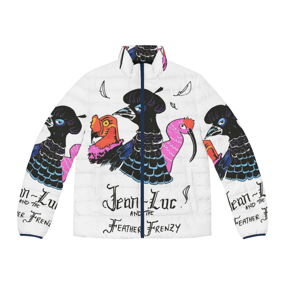 A stylish puffer jacket featuring a bird and feather design