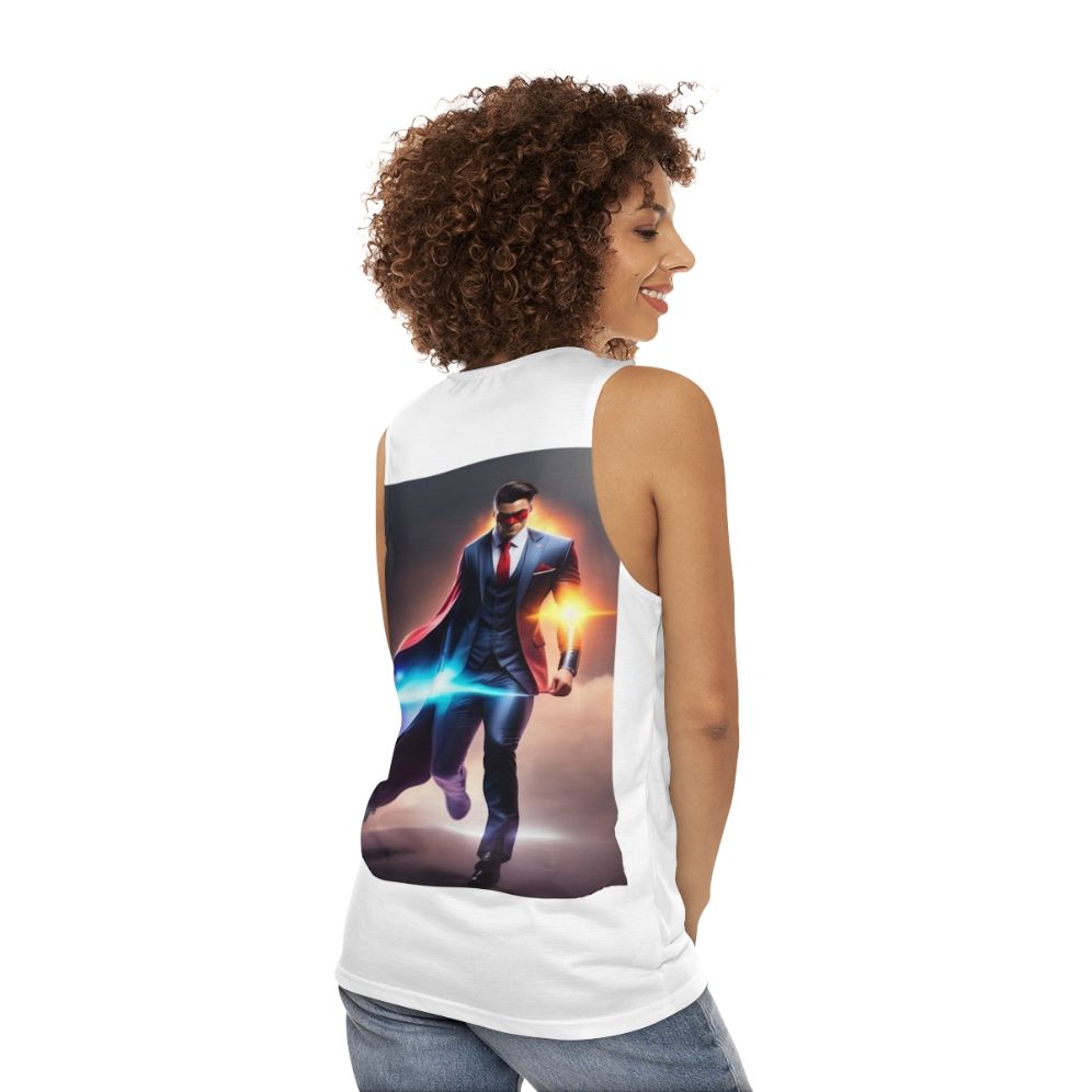 Unisex superhero tank top with graphic slogan design - women back