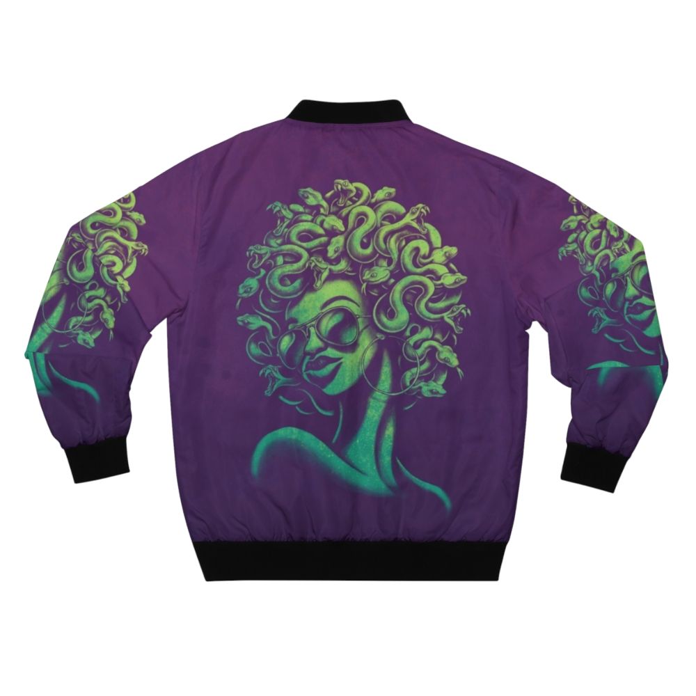 A funky, retro-inspired bomber jacket featuring a Medusa graphic design with an afro hairstyle and sunglasses. - Back