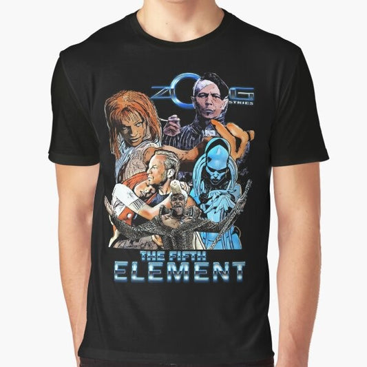 The Fifth Element graphic t-shirt featuring the iconic Zorg Industries logo and characters from the classic 90s sci-fi movie