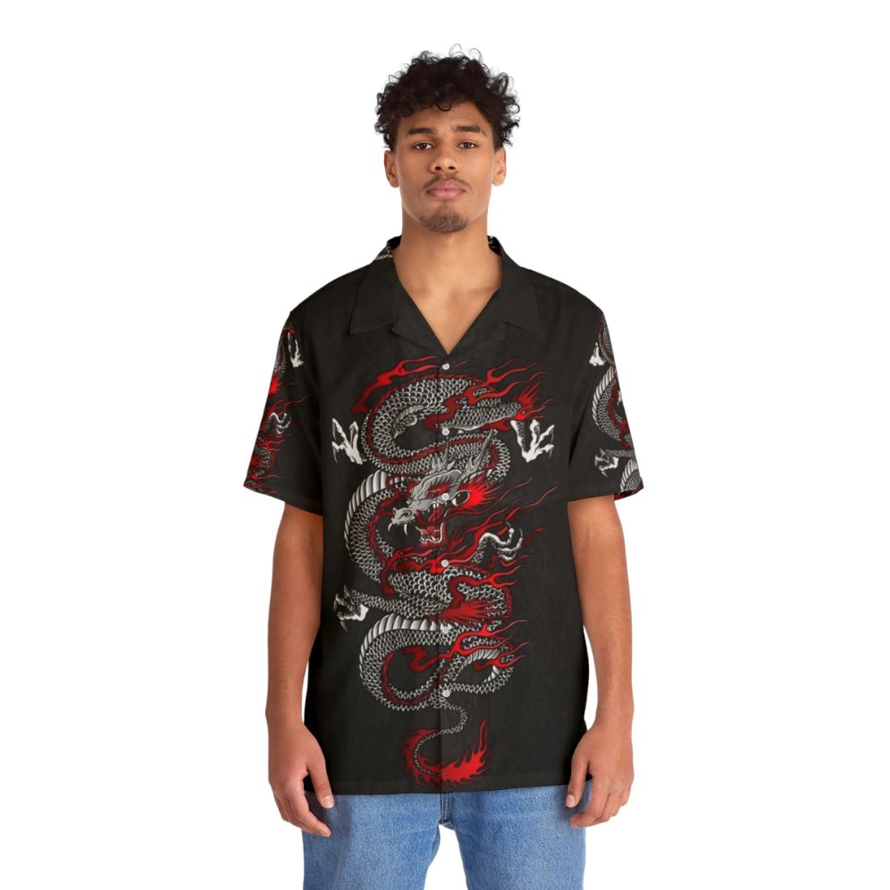 Embroidered asian dragon design on a tropical hawaiian shirt - Lifestyle