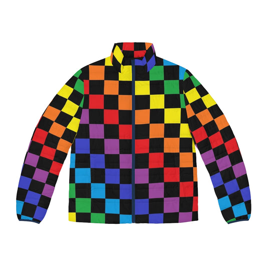 Colorful checkered puffer jacket with a rainbow pattern