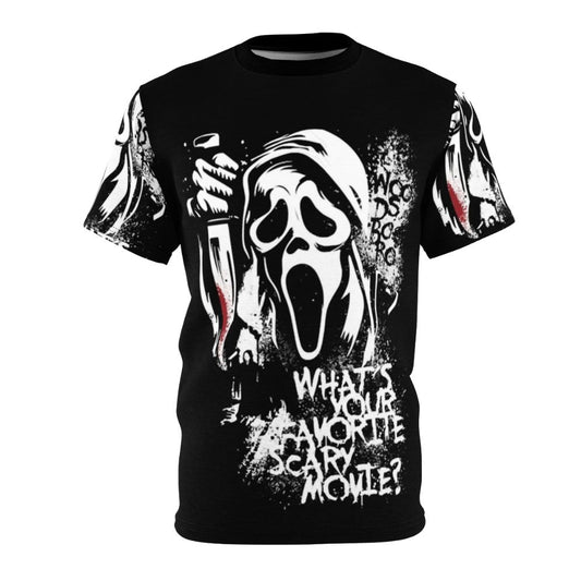 Creepy, frightening horror movie-themed t-shirt with spooky, supernatural graphics