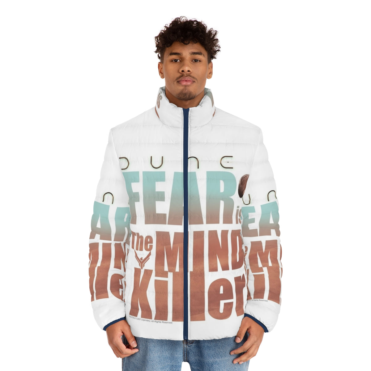 Dune 2020 'Fear Is The Mind Killer' Puffer Jacket featuring iconic Dune quote and movie artwork - men front