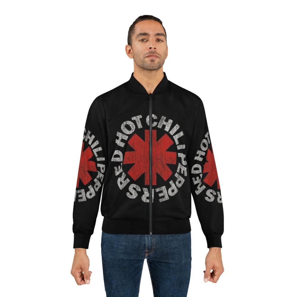 Vintage black bomber jacket with red hot chili peppers and musician inspired graphics - Lifestyle