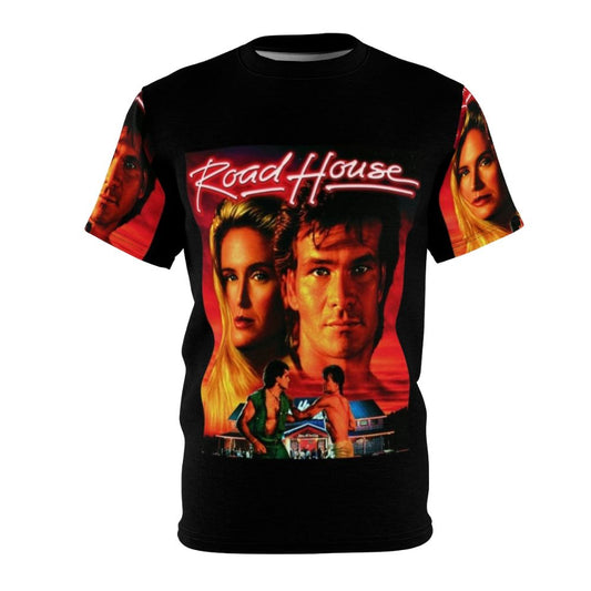 Retro-style t-shirt featuring the iconic "Roadhouse" movie logo and Patrick Swayze