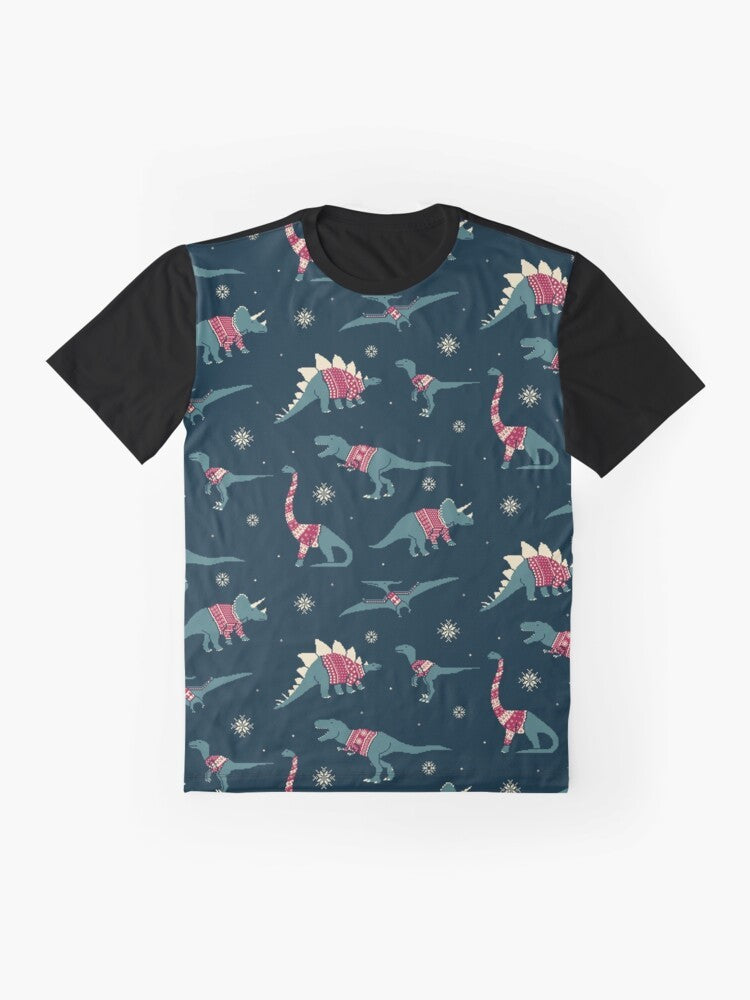 Graphic tee featuring cute dinosaurs wearing festive holiday sweaters - Flat lay